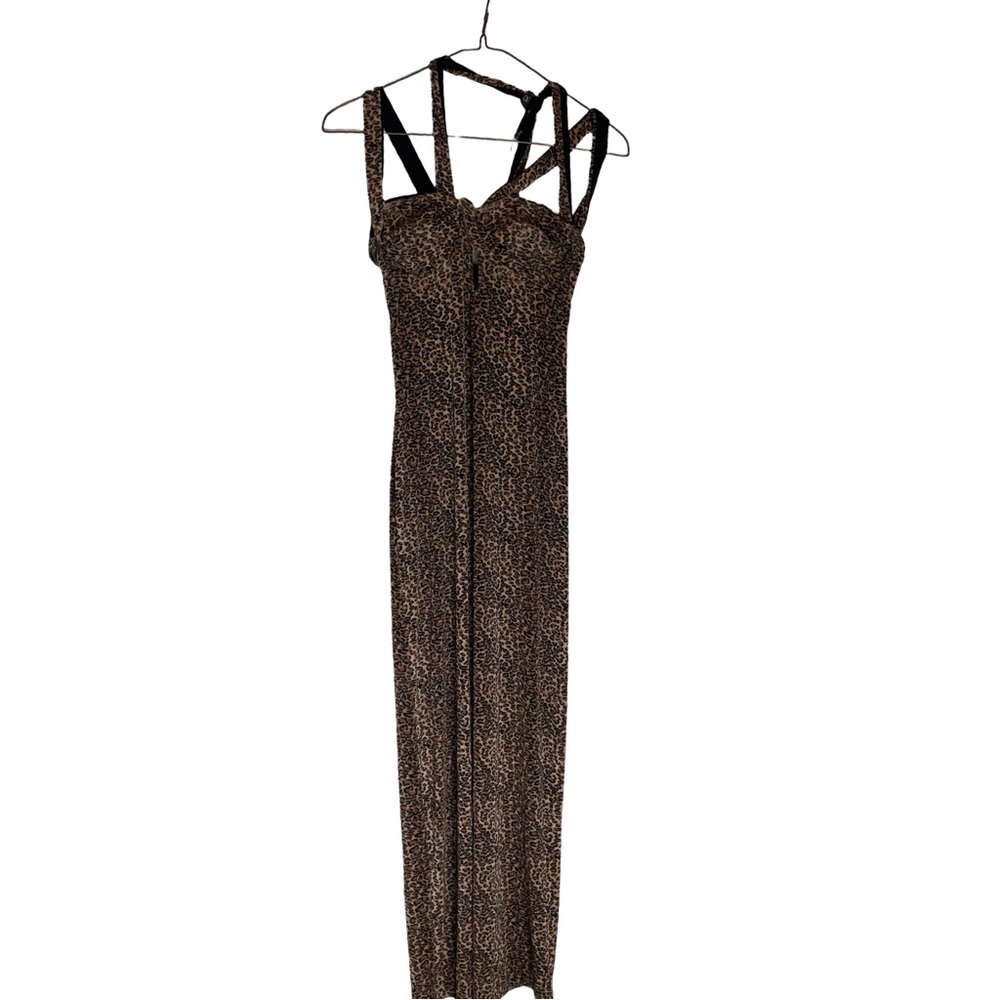 Sexy Vintage Y2K Cheetah Print Halter Body Con Maxi Dress Size S